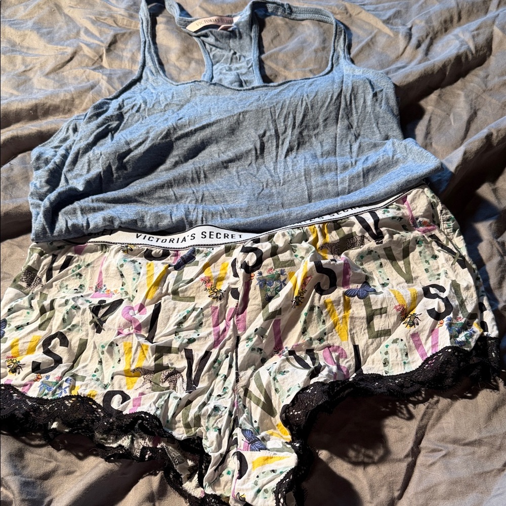 Victoria's Secret Light Blue Tank with Printed Letter-Detail Sleep Shorts